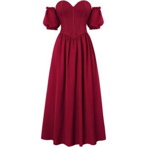 image:imageScarlet Darkness Women Off Shoulder Corset Dress Sweetheart Fishboned Puff Sleeve Renaissance DressRed