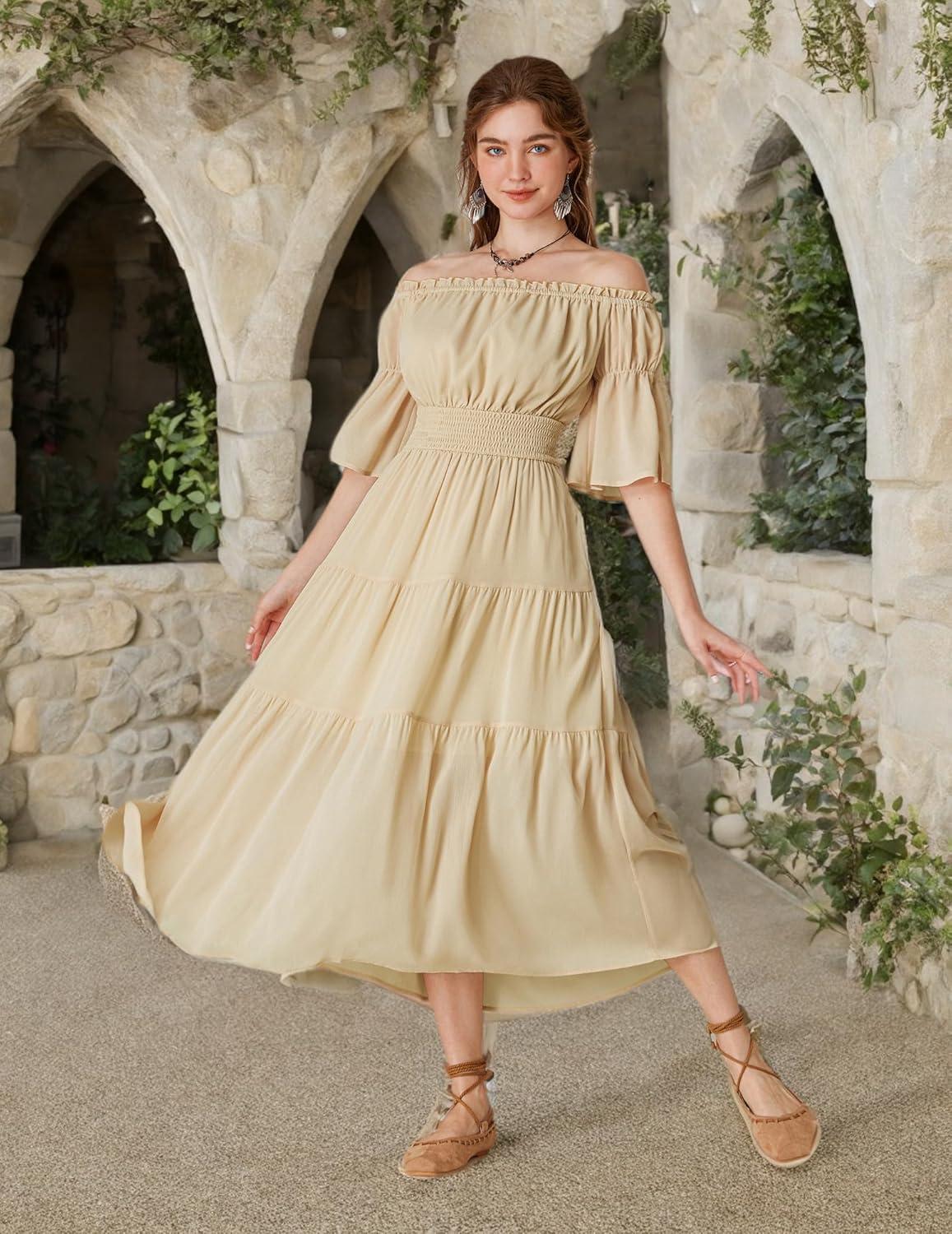 image:imageScarlet Darkness Renaissance Costume Women Maxi Tiered Long Dresses Cottagecore DressApricot