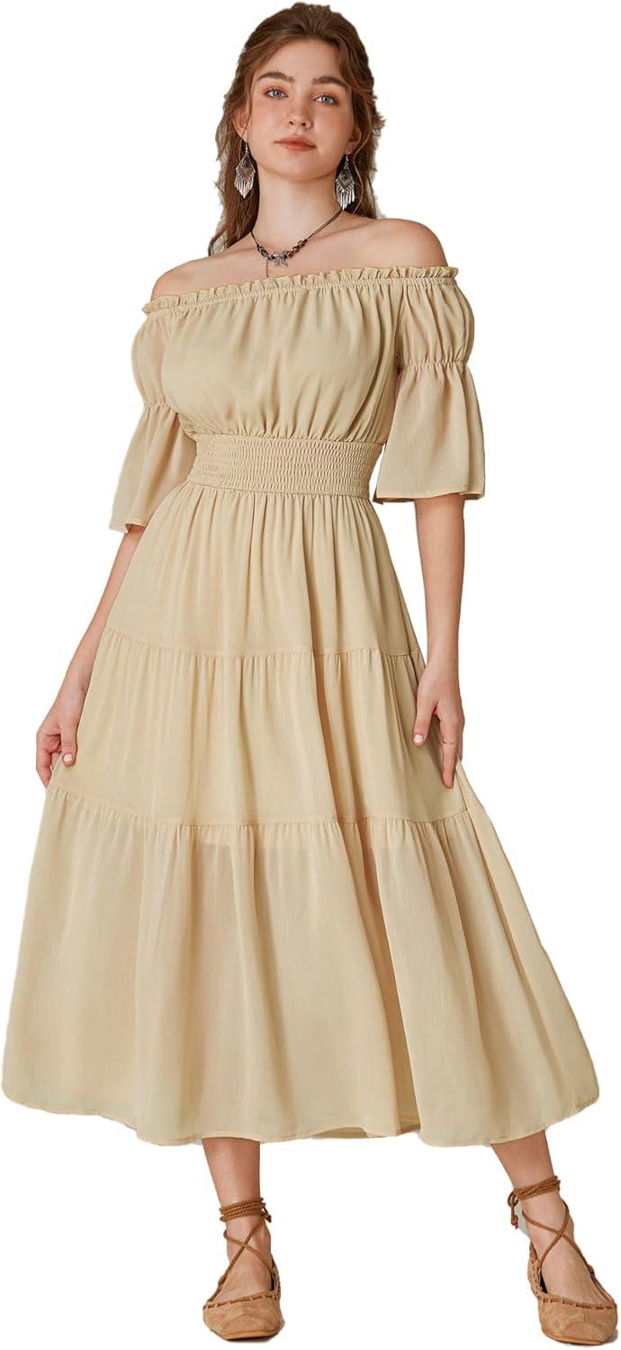 image:imageScarlet Darkness Renaissance Costume Women Maxi Tiered Long Dresses Cottagecore DressApricot