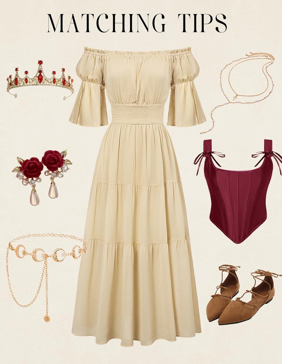 image:imageScarlet Darkness Renaissance Costume Women Maxi Tiered Long Dresses Cottagecore DressApricot
