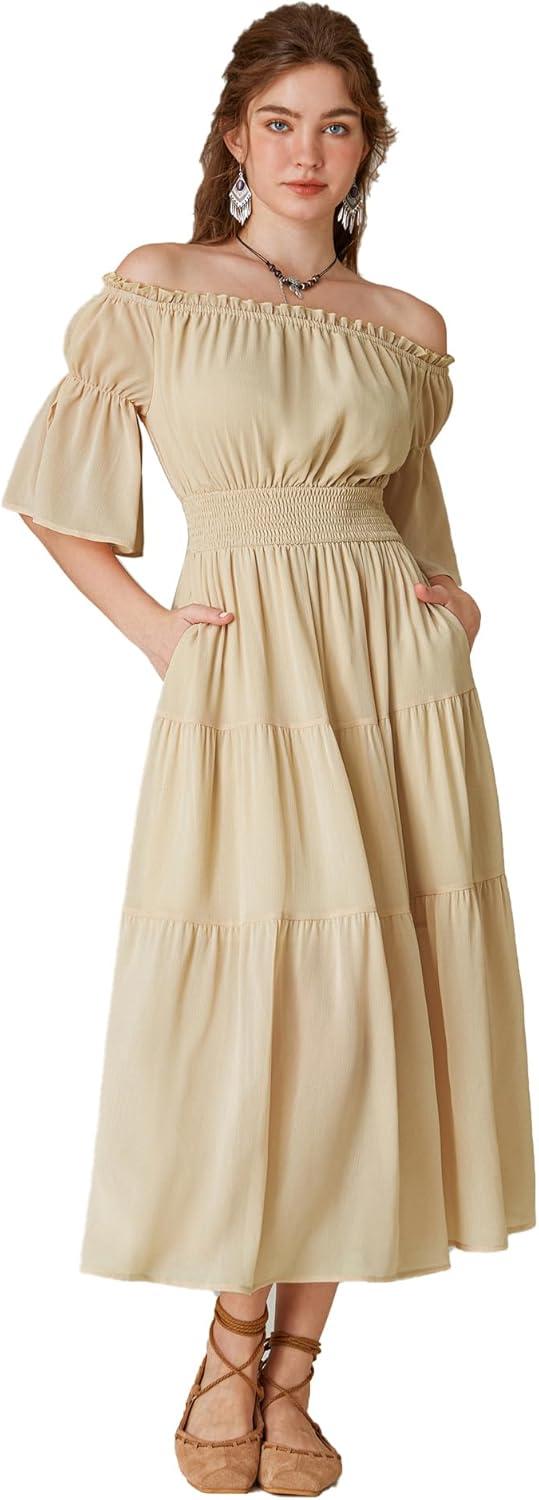 image:imageScarlet Darkness Renaissance Costume Women Maxi Tiered Long Dresses Cottagecore DressApricot