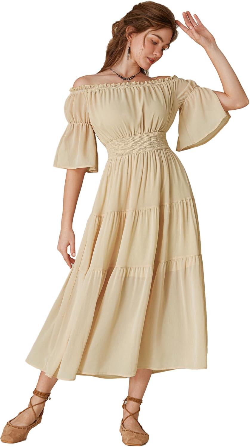 image:imageScarlet Darkness Renaissance Costume Women Maxi Tiered Long Dresses Cottagecore DressApricot