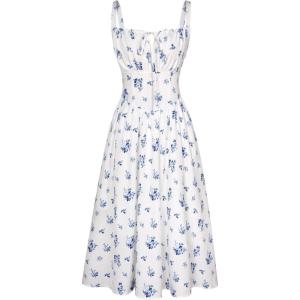 image:imageSCARLET DARKNESS Womens Floral Midi Dress Corset Sundresses 2026 Summer Spring Vacation Milkmaid DressesWhite Navy Floral