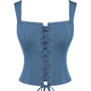 image:imageSCARLET DARKNESS Womens Overbust Corset Top Y2K Boned Laceup Renaissance Pirate Goth Bustier TopsDenim Blue