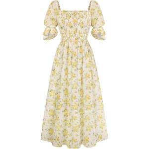 image:imageScarlet Darkness 2026 Summer Floral Dress for Women Cottagecore Smocked Midi DressesWhite Yellow Floral