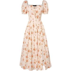 image:imageScarlet Darkness Womens Floral Corset Dress with Split 2026 Summer Spring Square Neck Midi Milkmaid DressesBeige Orange Floral