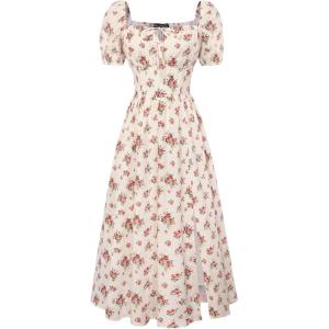image:imageScarlet Darkness Womens Floral Corset Dress with Split 2026 Summer Spring Square Neck Midi Milkmaid DressesBeige Red Ditsyfloral