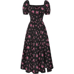 image:imageScarlet Darkness Womens Floral Corset Dress with Split 2026 Summer Spring Square Neck Midi Milkmaid DressesBlack Pink Floral