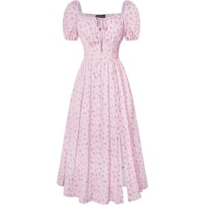 image:imageScarlet Darkness Womens Floral Corset Dress with Split 2026 Summer Spring Square Neck Midi Milkmaid DressesPink Green Floral