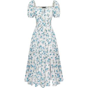 image:imageScarlet Darkness Womens Floral Corset Dress with Split 2026 Summer Spring Square Neck Midi Milkmaid DressesWhite Blue Floral