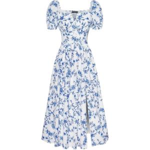 image:imageScarlet Darkness Womens Floral Corset Dress with Split 2026 Summer Spring Square Neck Midi Milkmaid DressesWhite Deepblue Floral
