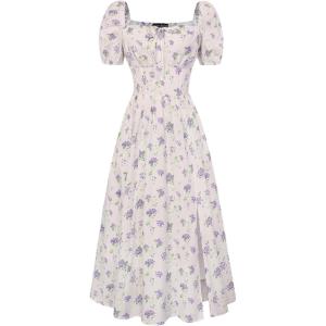 image:imageScarlet Darkness Womens Floral Corset Dress with Split 2026 Summer Spring Square Neck Midi Milkmaid DressesWhite Purple Bouquetfloral