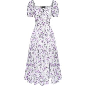 image:imageScarlet Darkness Womens Floral Corset Dress with Split 2026 Summer Spring Square Neck Midi Milkmaid DressesWhite Purple Floral