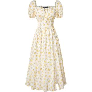 image:imageScarlet Darkness Womens Floral Corset Dress with Split 2026 Summer Spring Square Neck Midi Milkmaid DressesWhite Yellow Floral