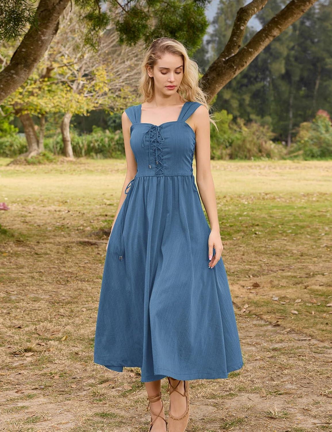 image:imageSCARLET DARKNESS Women Renaissance Summer Corset Dress Medieval Cottagecore Lace Up DressDenim Blue