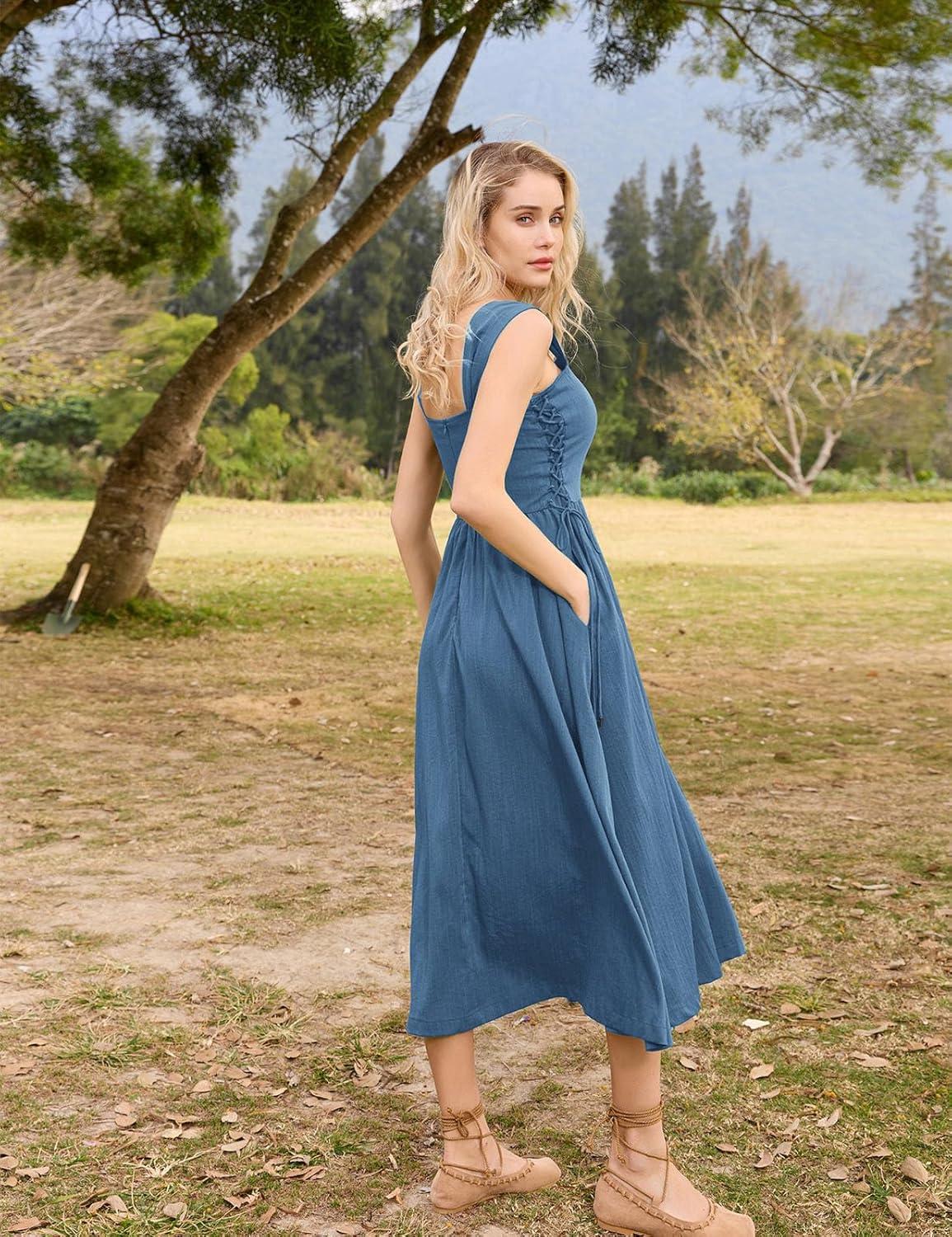 image:imageSCARLET DARKNESS Women Renaissance Summer Corset Dress Medieval Cottagecore Lace Up DressDenim Blue