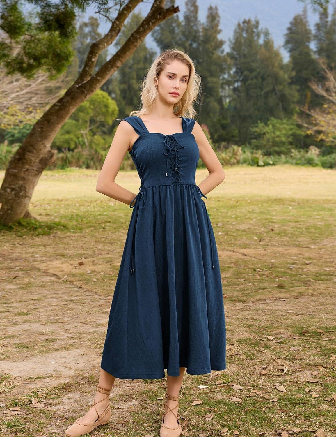 image:imageSCARLET DARKNESS Women Renaissance Summer Corset Dress Medieval Cottagecore Lace Up DressNavy Blue