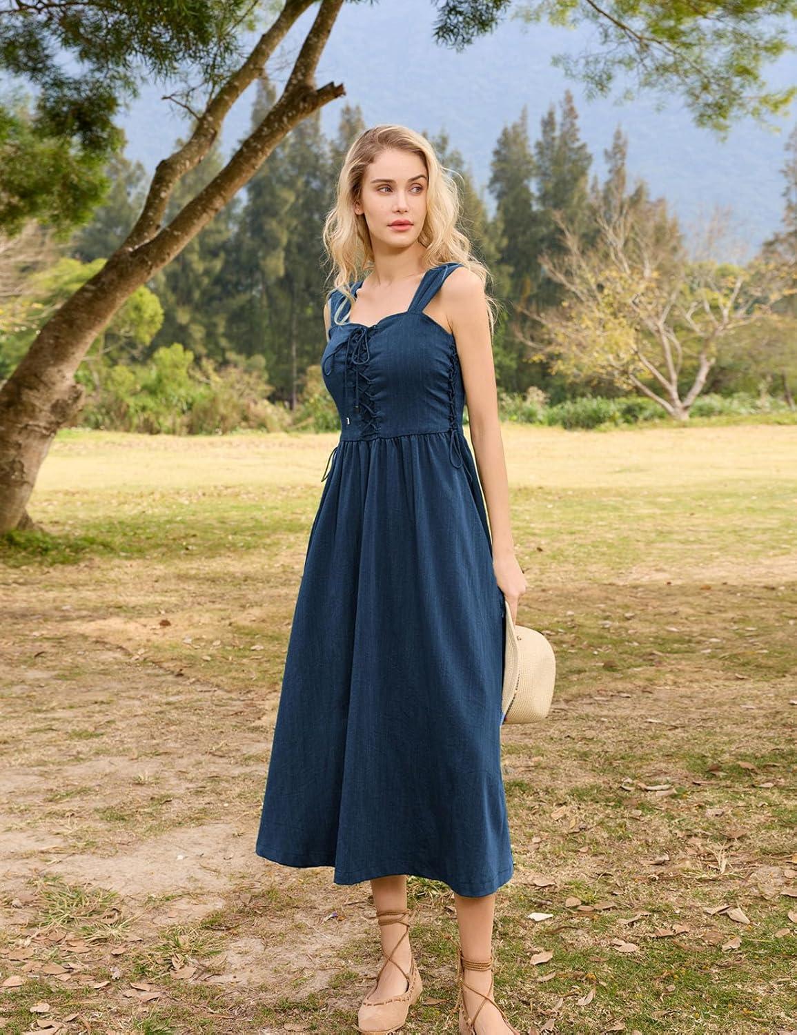 image:imageSCARLET DARKNESS Women Renaissance Summer Corset Dress Medieval Cottagecore Lace Up DressNavy Blue