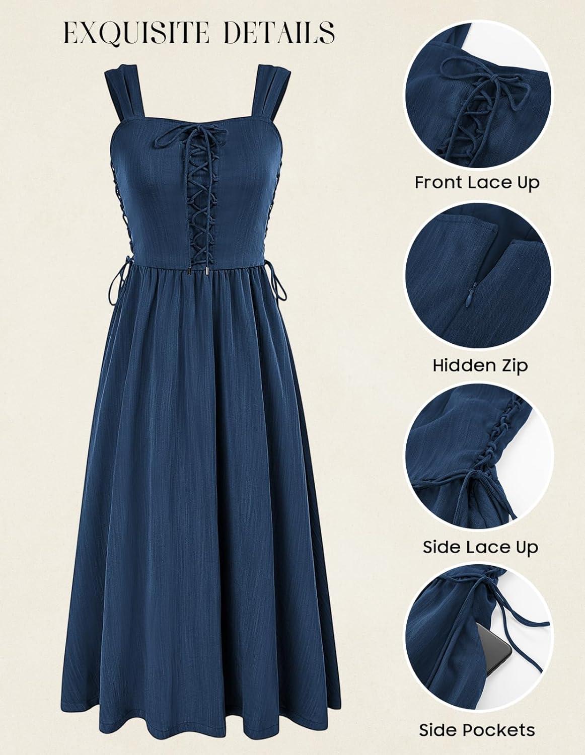 image:imageSCARLET DARKNESS Women Renaissance Summer Corset Dress Medieval Cottagecore Lace Up DressNavy Blue