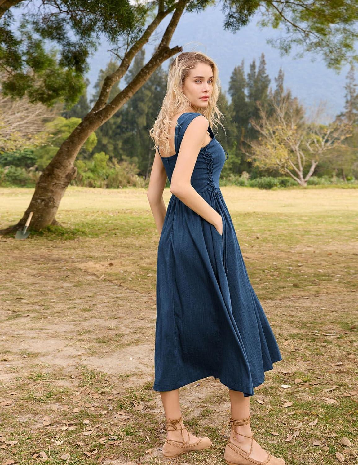 image:imageSCARLET DARKNESS Women Renaissance Summer Corset Dress Medieval Cottagecore Lace Up DressNavy Blue