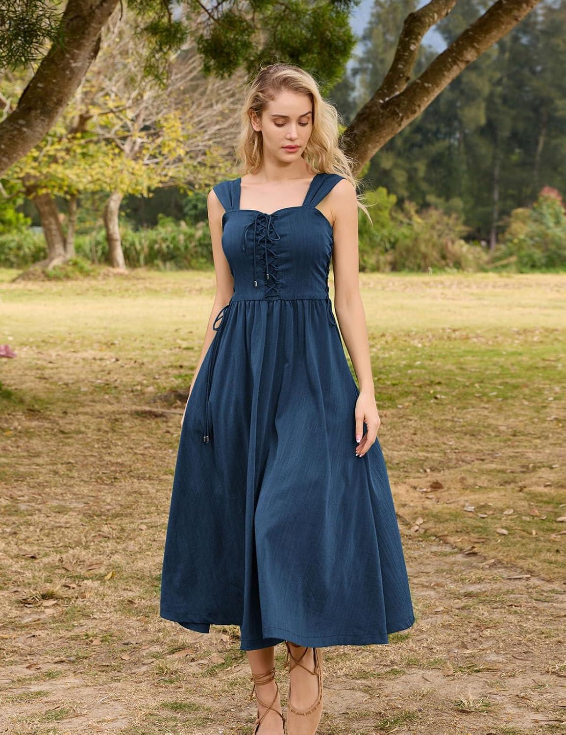 image:imageSCARLET DARKNESS Women Renaissance Summer Corset Dress Medieval Cottagecore Lace Up DressNavy Blue
