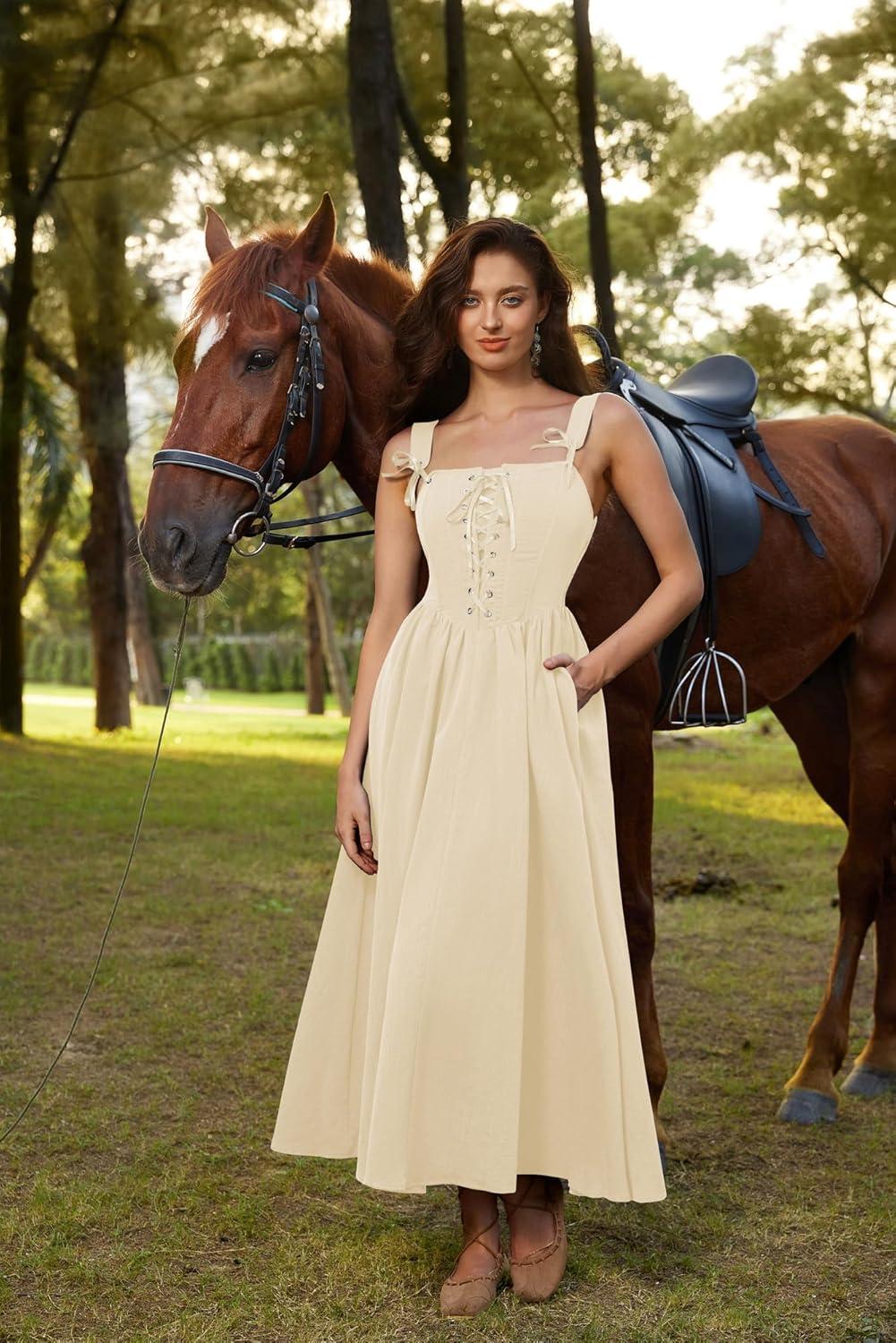 image:imageScarlet Darkness Renaissance Dress Women Lace Up Cottagecore Sleeveless Long Dress Medieval CostumeApricot