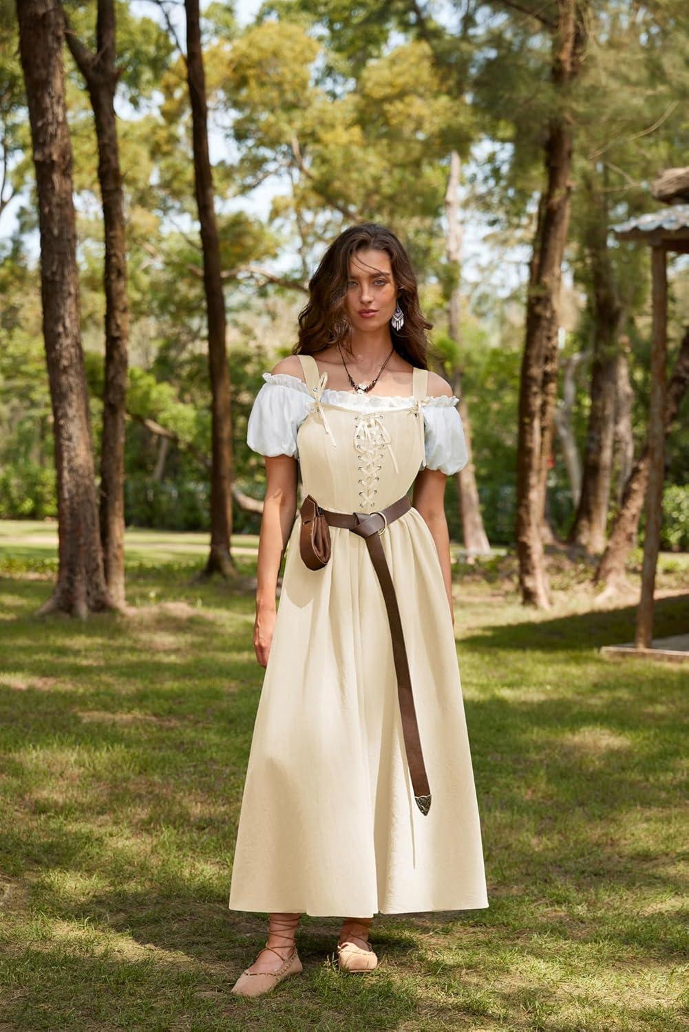 image:imageScarlet Darkness Renaissance Dress Women Lace Up Cottagecore Sleeveless Long Dress Medieval CostumeApricot