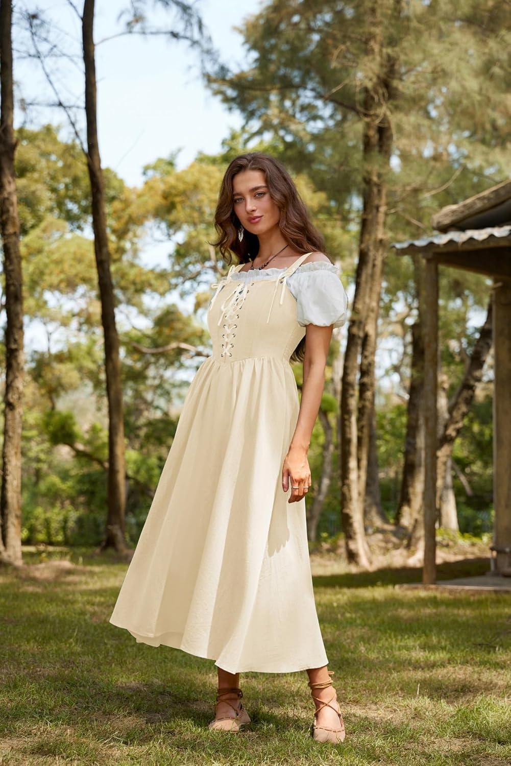 image:imageScarlet Darkness Renaissance Dress Women Lace Up Cottagecore Sleeveless Long Dress Medieval CostumeApricot