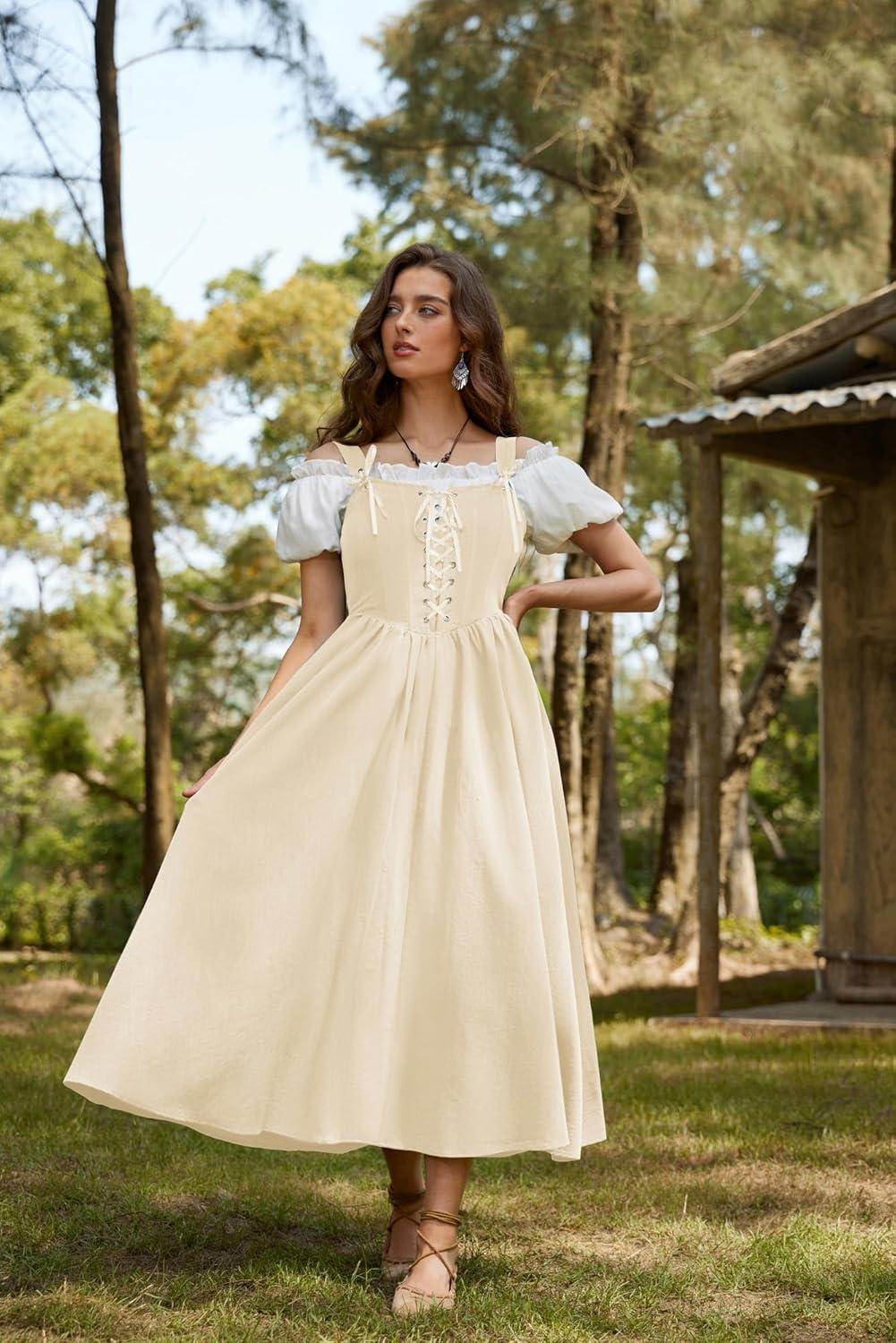 image:imageScarlet Darkness Renaissance Dress Women Lace Up Cottagecore Sleeveless Long Dress Medieval CostumeApricot