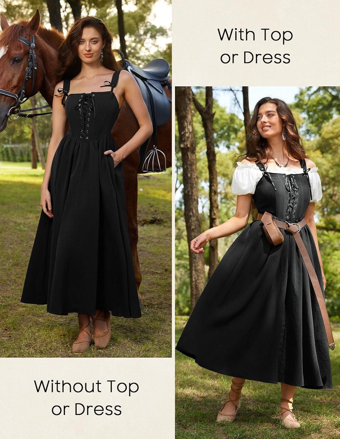 image:imageScarlet Darkness Renaissance Dress Women Lace Up Cottagecore Sleeveless Long Dress Medieval CostumeBlack