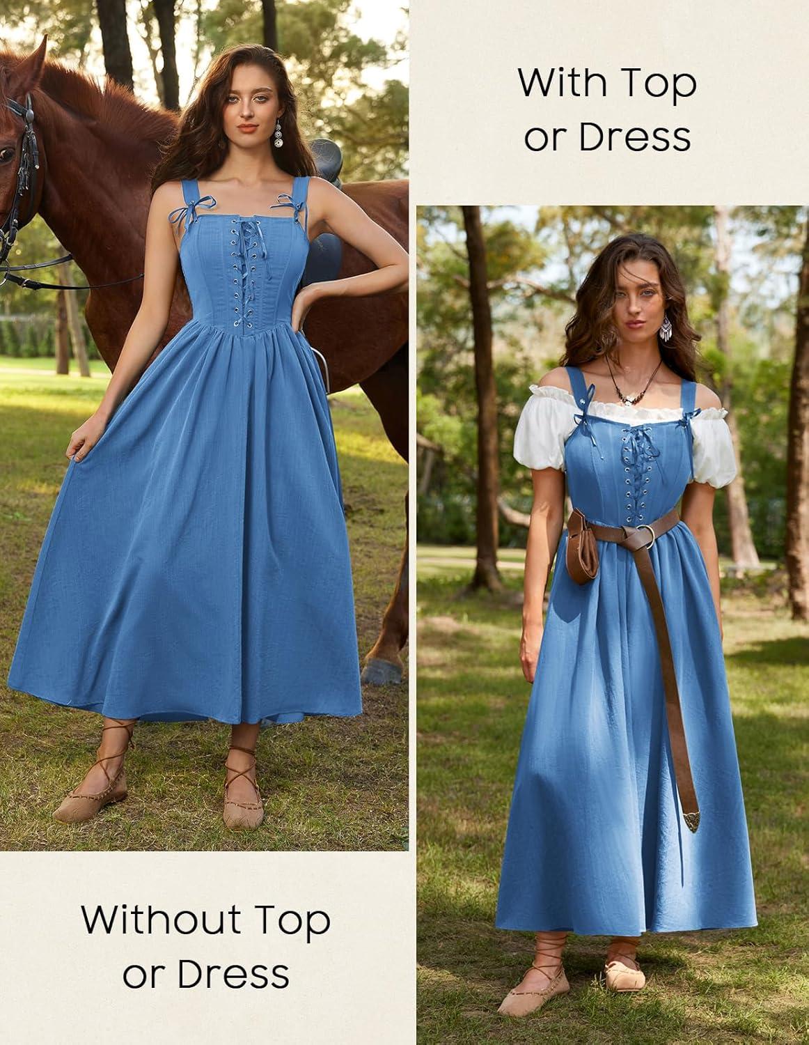 image:imageScarlet Darkness Renaissance Dress Women Lace Up Cottagecore Sleeveless Long Dress Medieval CostumeBlue