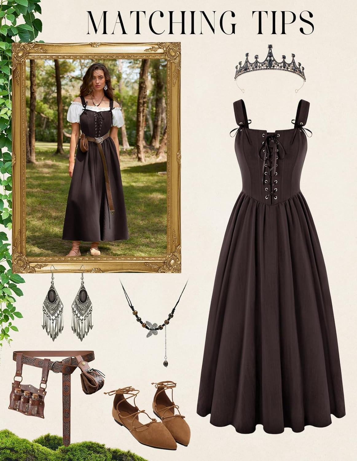 image:imageScarlet Darkness Renaissance Dress Women Lace Up Cottagecore Sleeveless Long Dress Medieval CostumeCoffee