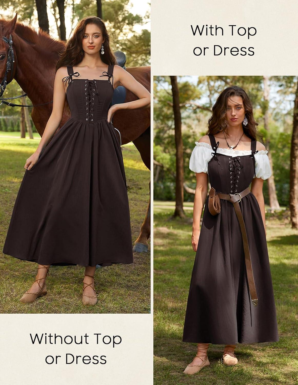 image:imageScarlet Darkness Renaissance Dress Women Lace Up Cottagecore Sleeveless Long Dress Medieval CostumeCoffee
