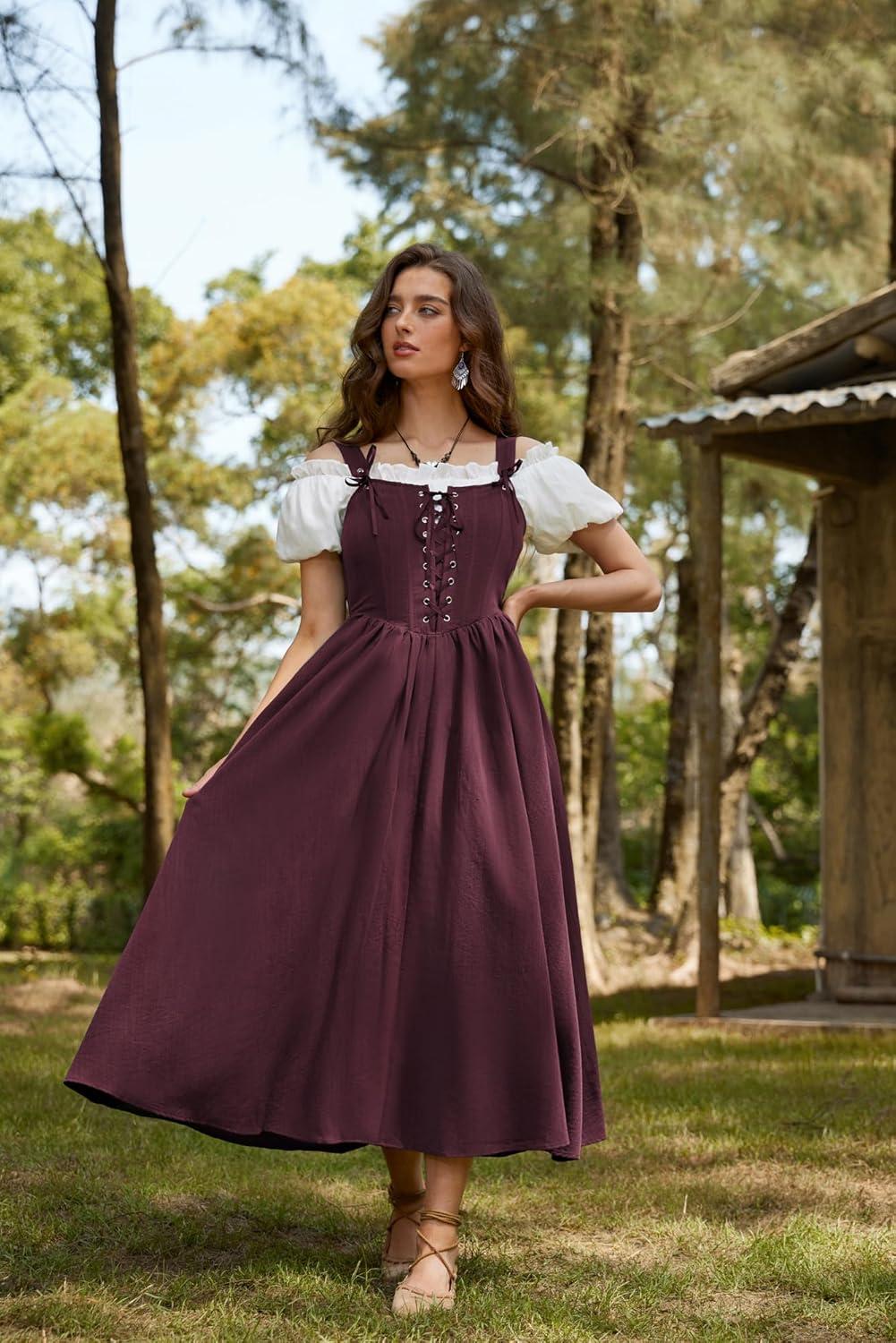 image:imageScarlet Darkness Renaissance Dress Women Lace Up Cottagecore Sleeveless Long Dress Medieval CostumeDark Red