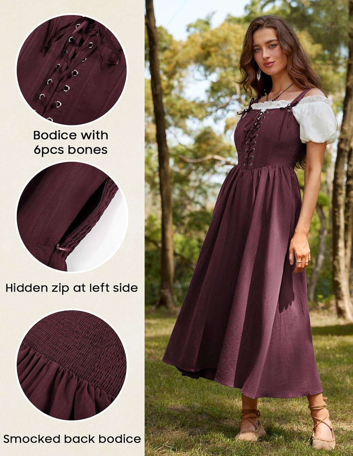 image:imageScarlet Darkness Renaissance Dress Women Lace Up Cottagecore Sleeveless Long Dress Medieval CostumeDark Red