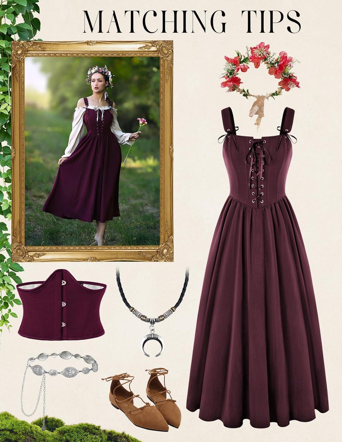 image:imageScarlet Darkness Renaissance Dress Women Lace Up Cottagecore Sleeveless Long Dress Medieval CostumeDark Red