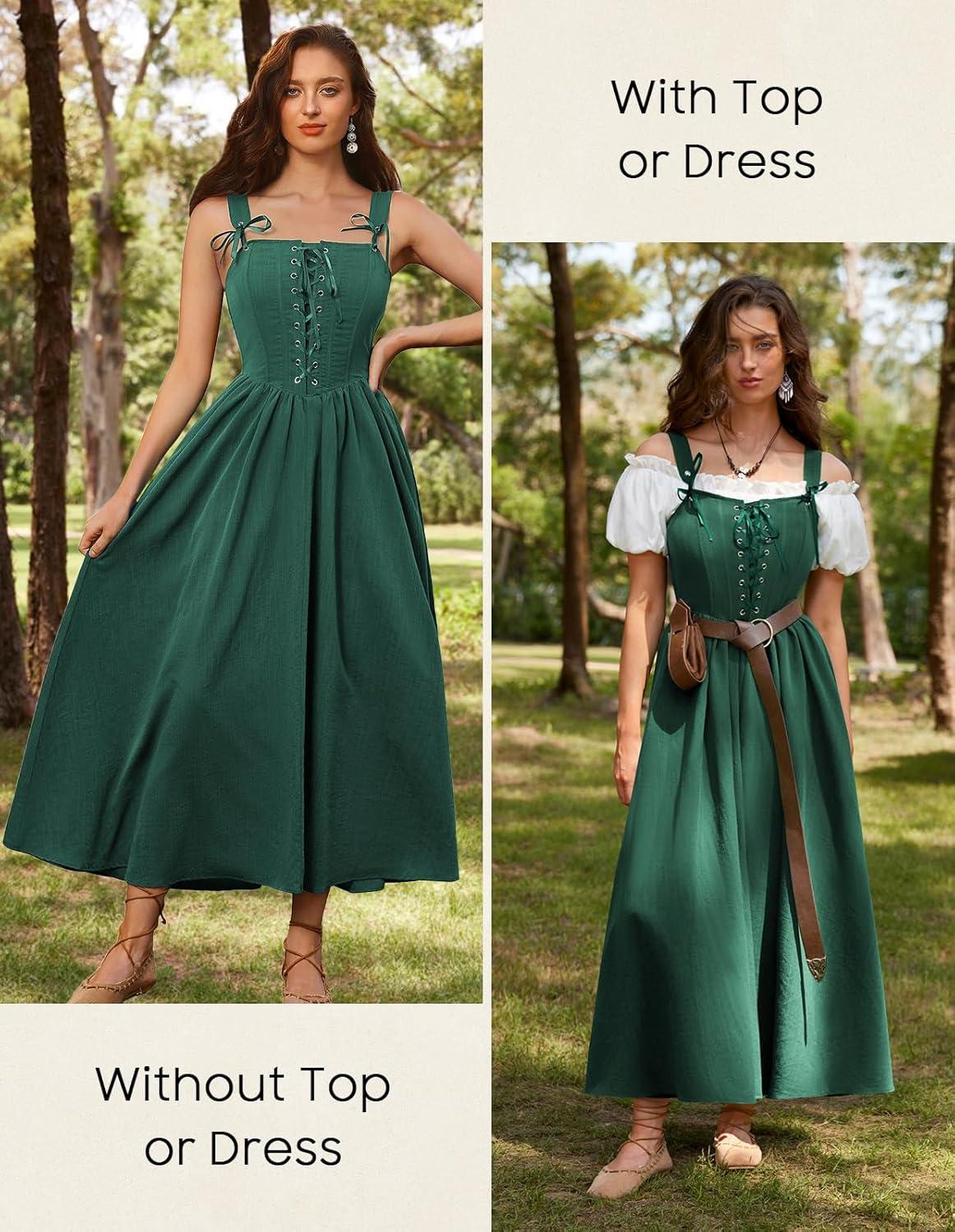 image:imageScarlet Darkness Renaissance Dress Women Lace Up Cottagecore Sleeveless Long Dress Medieval CostumeGreen