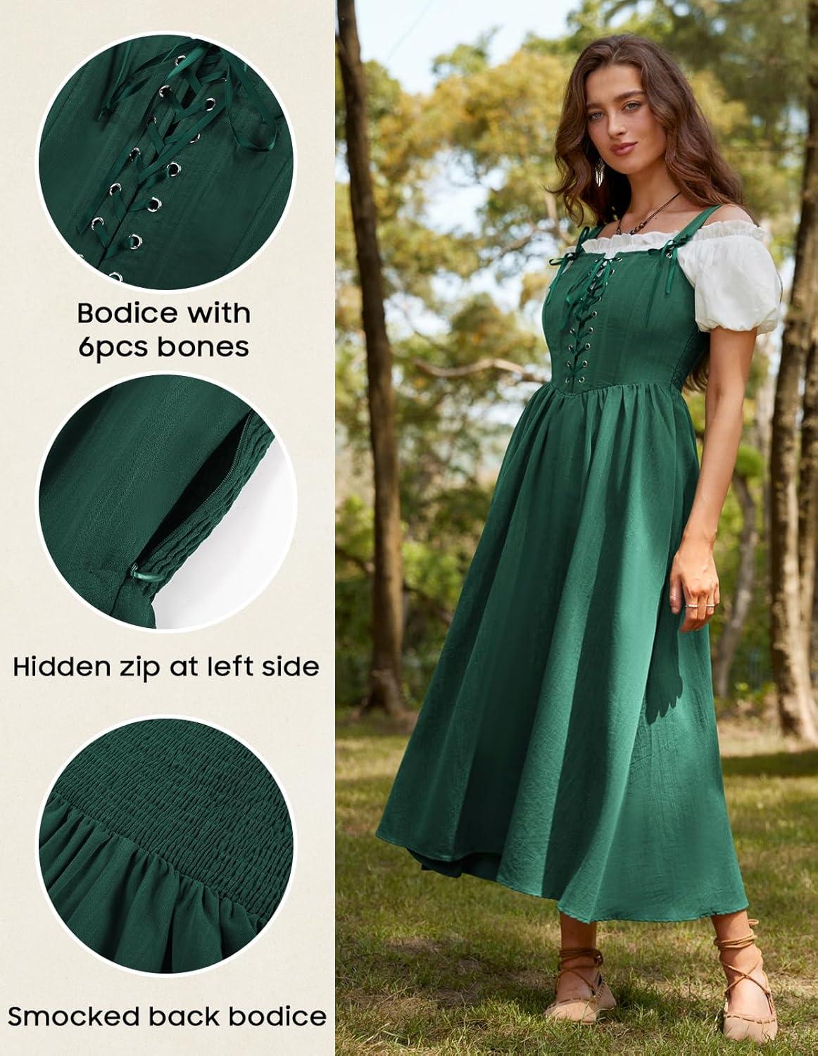 image:imageScarlet Darkness Renaissance Dress Women Lace Up Cottagecore Sleeveless Long Dress Medieval CostumeGreen