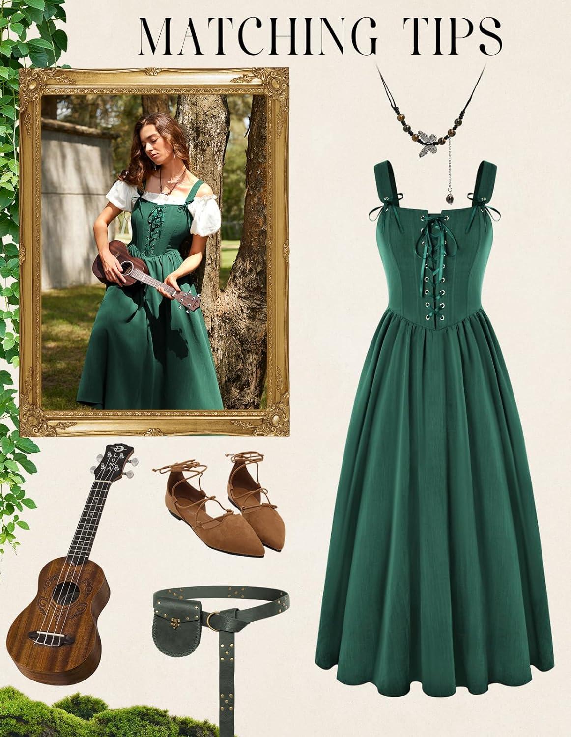 image:imageScarlet Darkness Renaissance Dress Women Lace Up Cottagecore Sleeveless Long Dress Medieval CostumeGreen