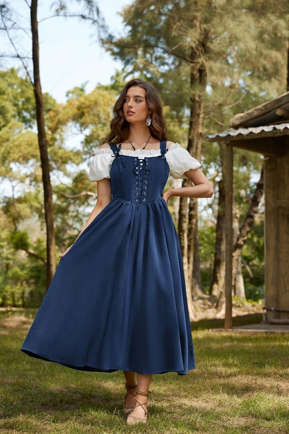 image:imageScarlet Darkness Renaissance Dress Women Lace Up Cottagecore Sleeveless Long Dress Medieval CostumeNavy Blue