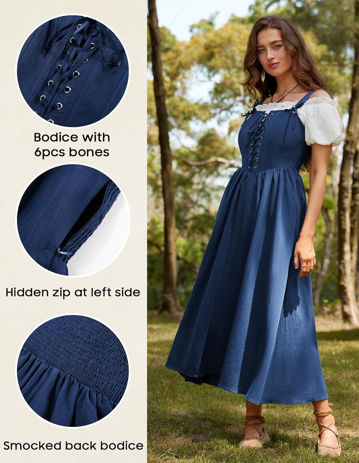 image:imageScarlet Darkness Renaissance Dress Women Lace Up Cottagecore Sleeveless Long Dress Medieval CostumeNavy Blue