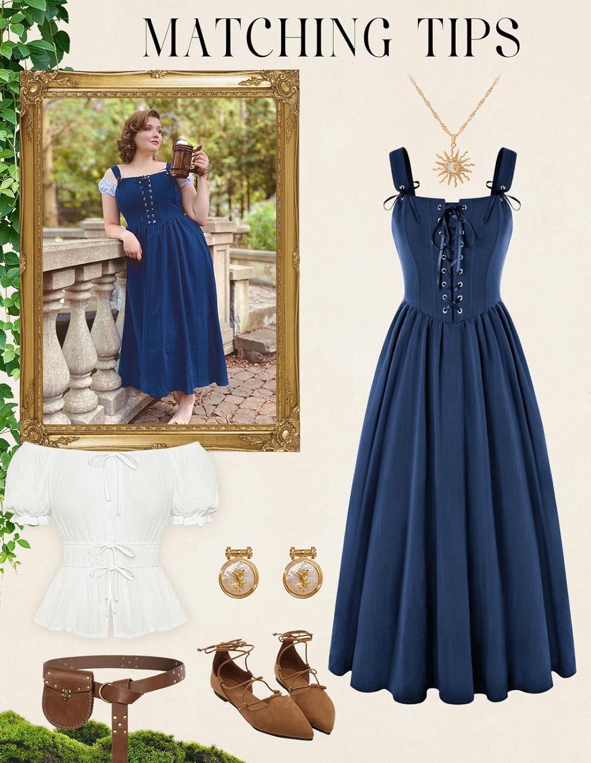 image:imageScarlet Darkness Renaissance Dress Women Lace Up Cottagecore Sleeveless Long Dress Medieval CostumeNavy Blue