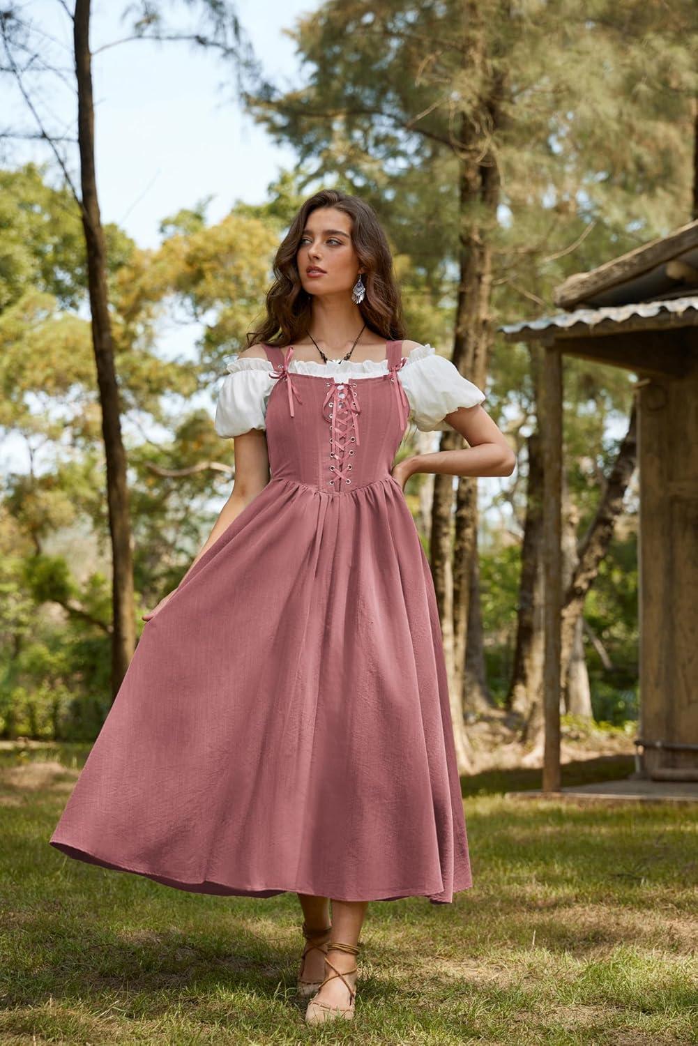 image:imageScarlet Darkness Renaissance Dress Women Lace Up Cottagecore Sleeveless Long Dress Medieval CostumePink