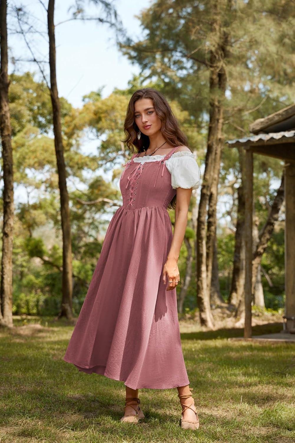 image:imageScarlet Darkness Renaissance Dress Women Lace Up Cottagecore Sleeveless Long Dress Medieval CostumePink
