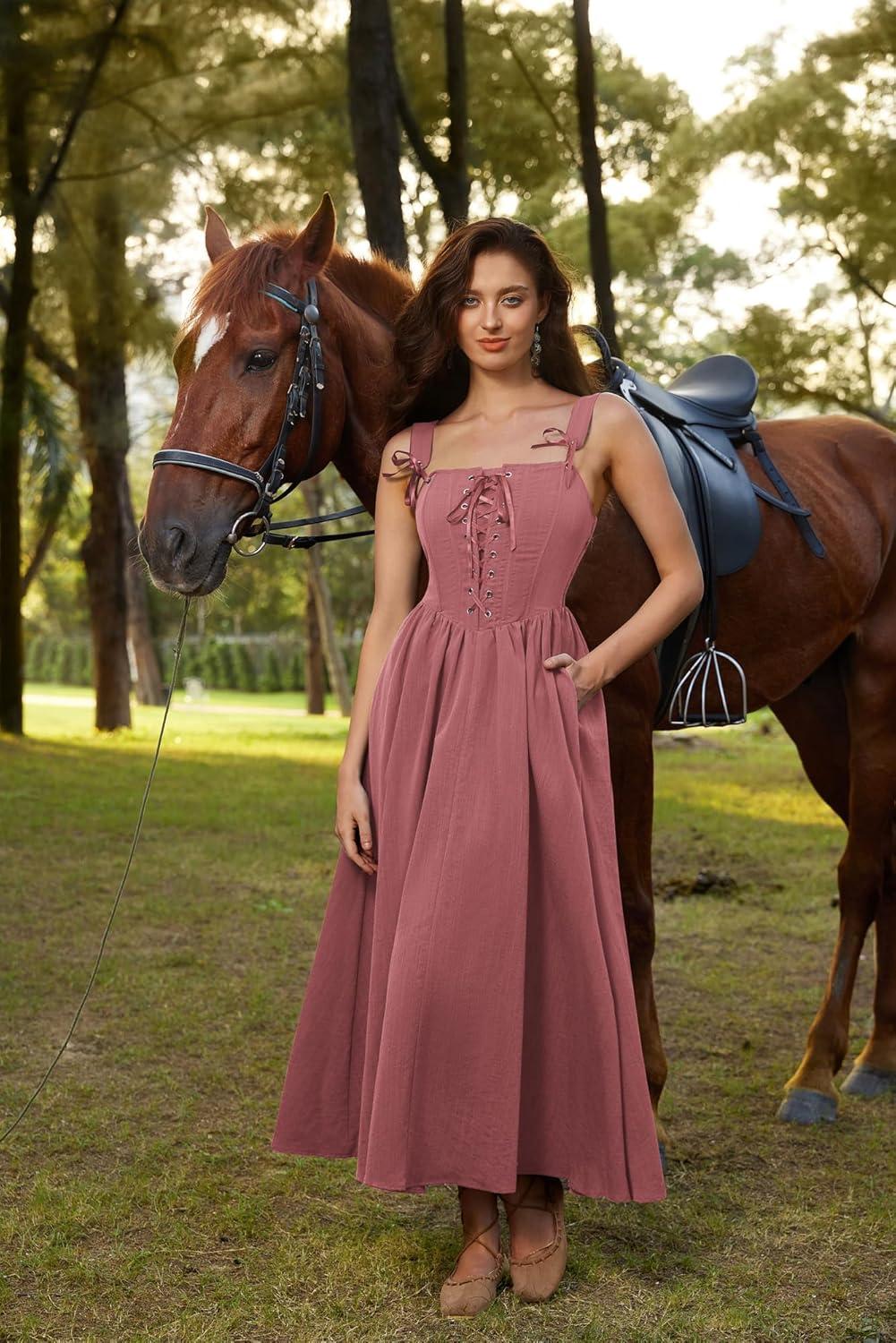 image:imageScarlet Darkness Renaissance Dress Women Lace Up Cottagecore Sleeveless Long Dress Medieval CostumePink