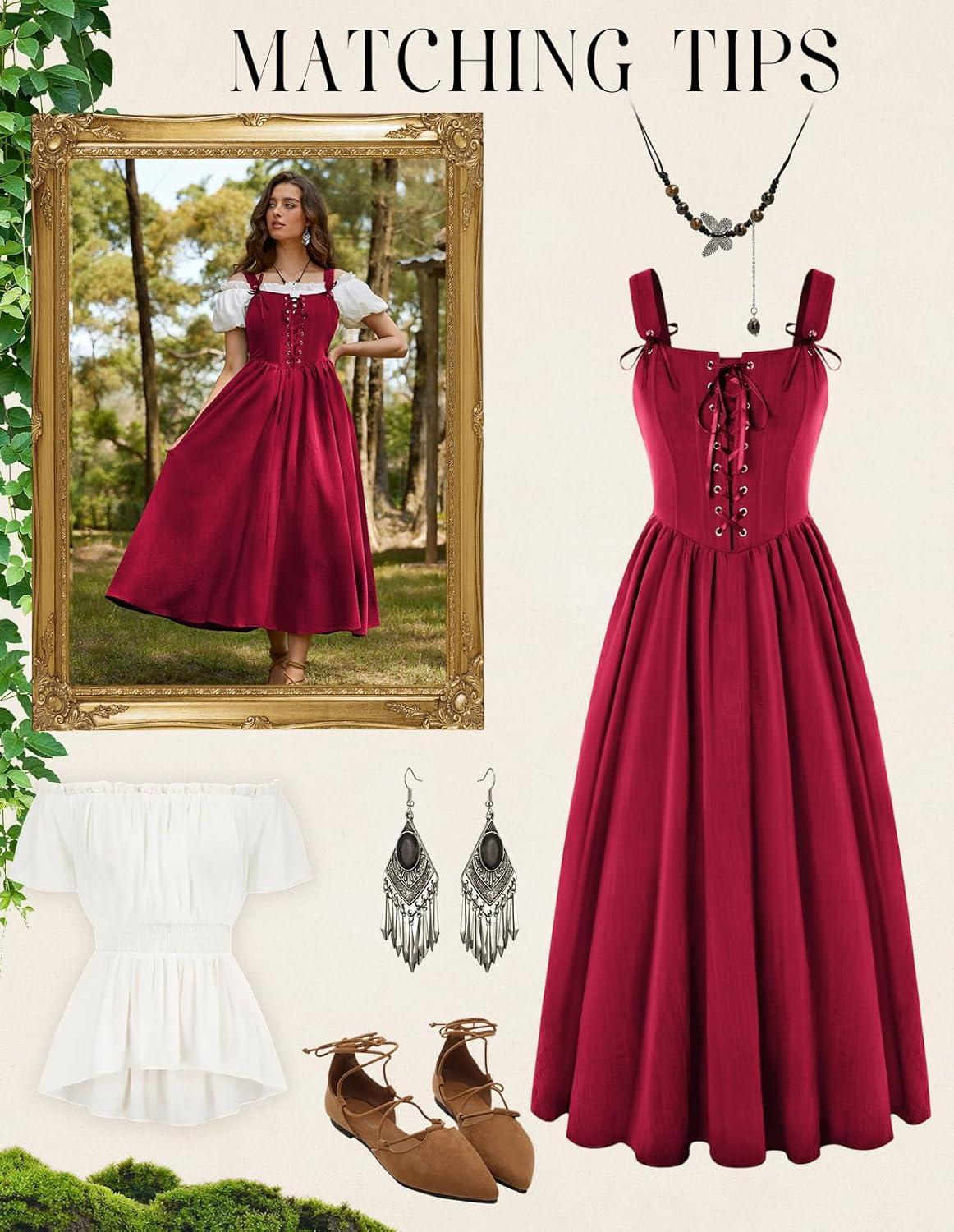image:imageScarlet Darkness Renaissance Dress Women Lace Up Cottagecore Sleeveless Long Dress Medieval CostumeRed