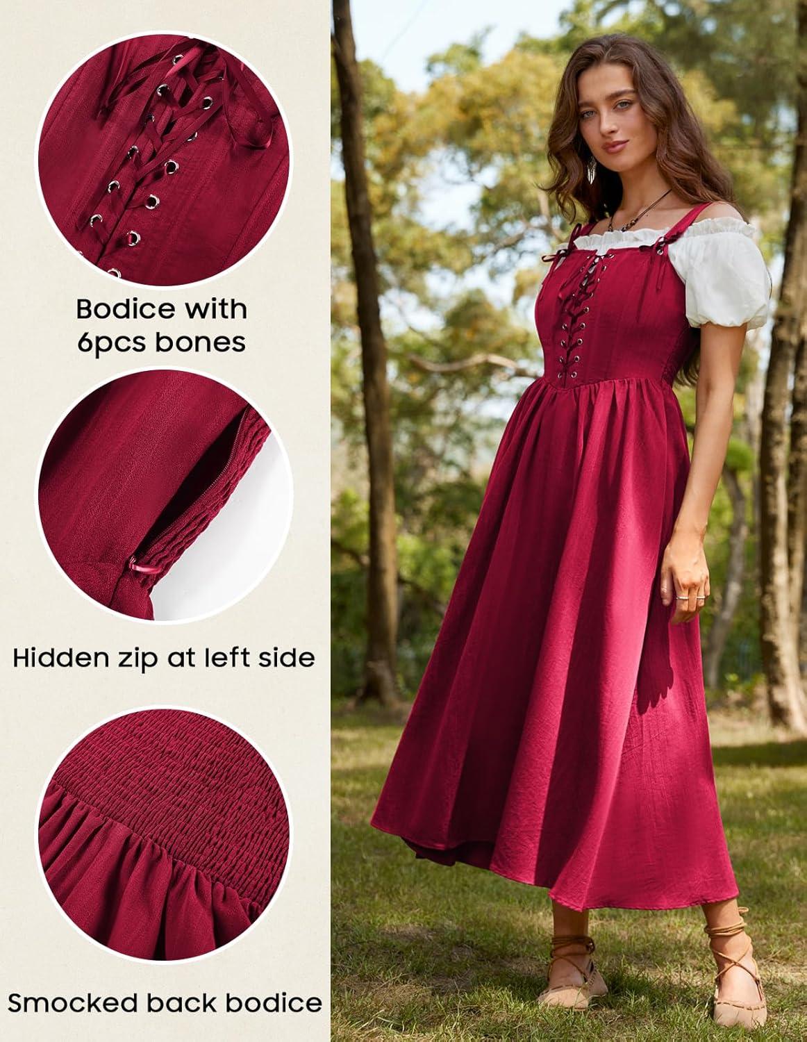image:imageScarlet Darkness Renaissance Dress Women Lace Up Cottagecore Sleeveless Long Dress Medieval CostumeRed