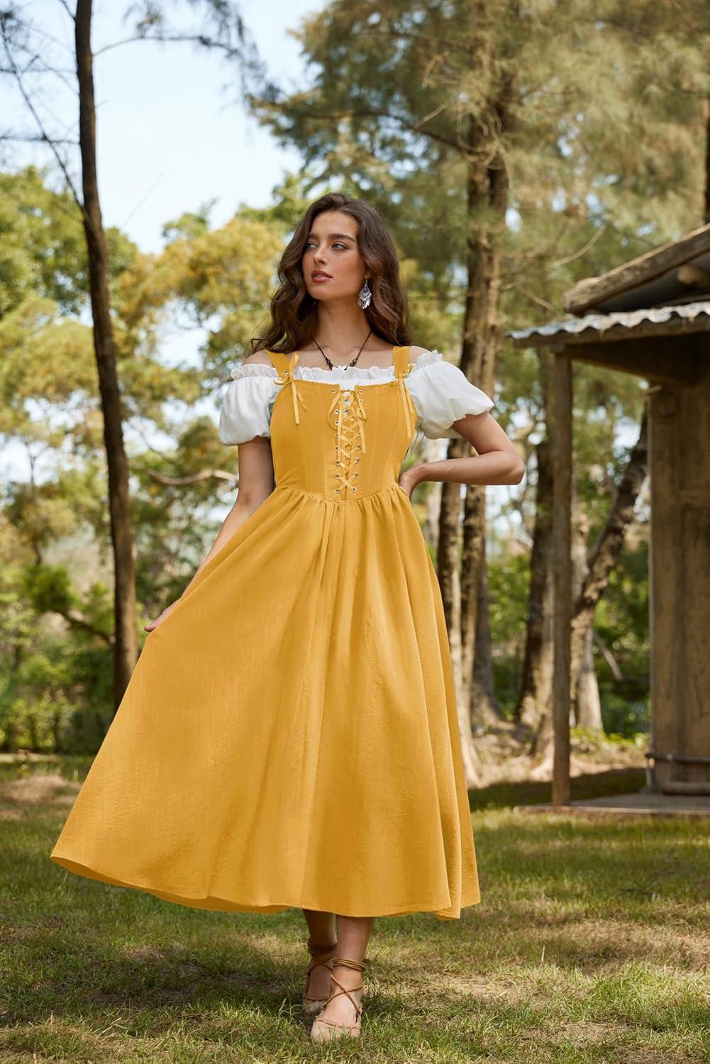 image:imageScarlet Darkness Renaissance Dress Women Lace Up Cottagecore Sleeveless Long Dress Medieval CostumeYellow