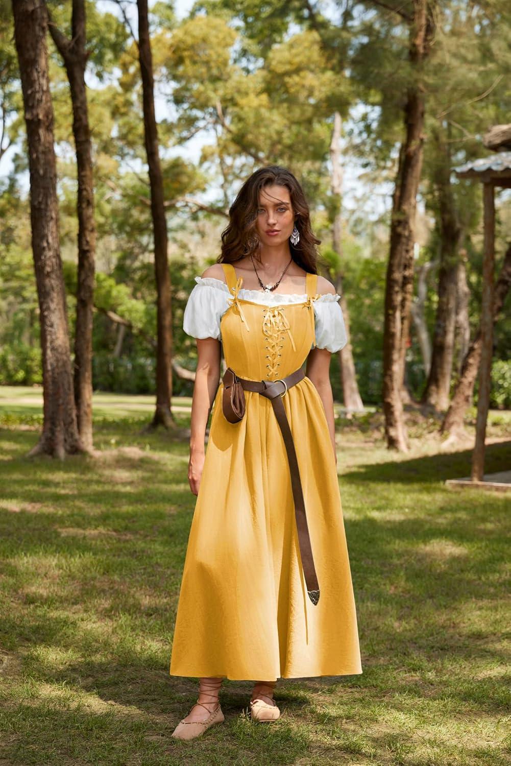 image:imageScarlet Darkness Renaissance Dress Women Lace Up Cottagecore Sleeveless Long Dress Medieval CostumeYellow