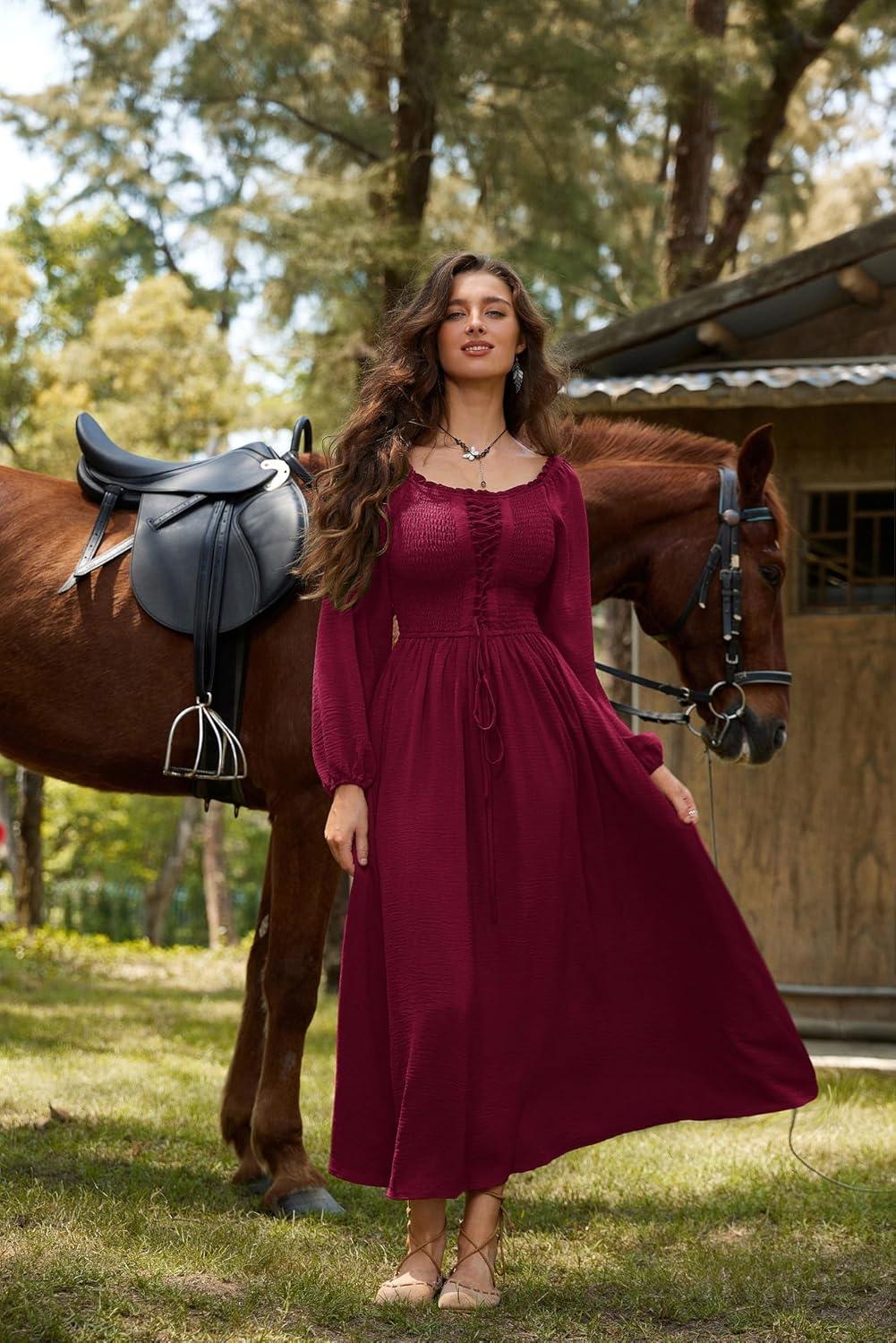 image:imageScarlet Darkness Renaissance Dress Women Long Sleeve Cottagecore Smoked Dress with PocketsDark Red